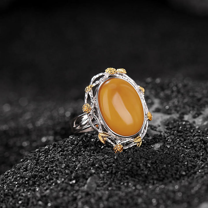 Buddha Stones 990 Sterling Silver Plated Gold Amber Focus Adjustable Ring - Amber(Circumference: 54-60mm) - image 0