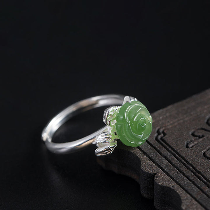 Buddha Stones 925 Sterling Silver Jade Green Rose Luck Adjustable Ring - image 9