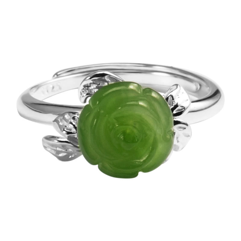 Buddha Stones 925 Sterling Silver Jade Green Rose Luck Adjustable Ring