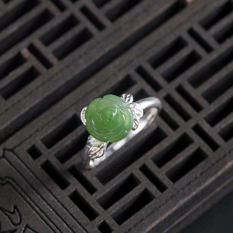 Buddha Stones 925 Sterling Silver Jade Green Rose Luck Adjustable Ring - image 8