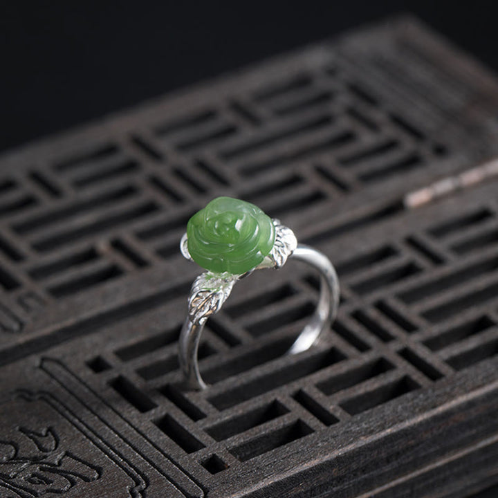 Buddha Stones 925 Sterling Silver Jade Green Rose Luck Adjustable Ring