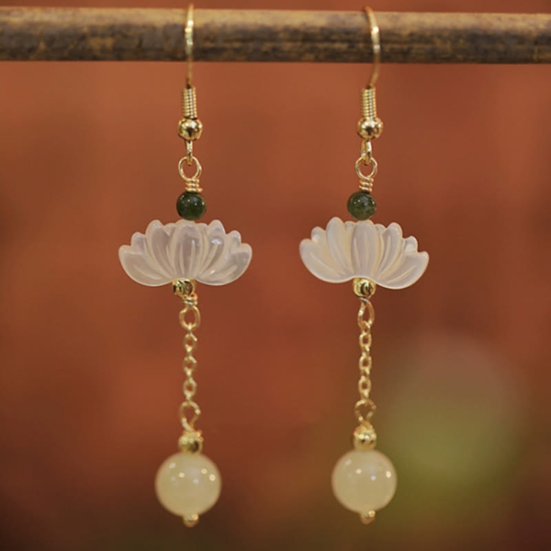 Buddha Stones Hetian Jade Lotus Prosperity Earrings