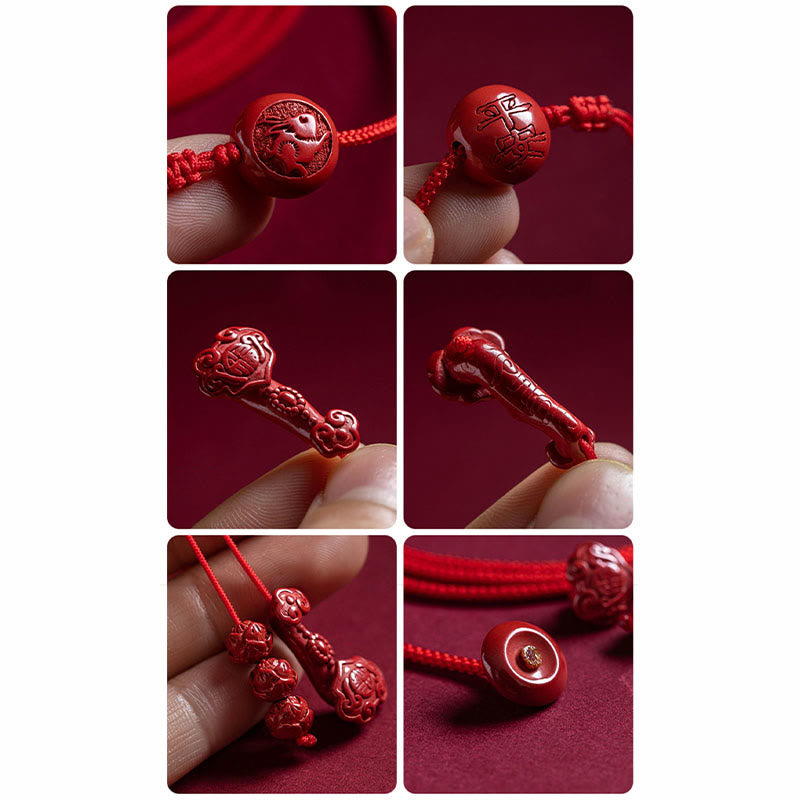 Buddha Stones Natural Cinnabar Chinese Zodiac Ruyi Handle Fu Character Lotus Blessing Red String Belly Chain