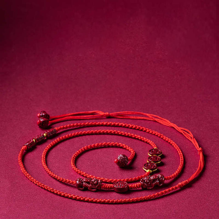 Buddha Stones Natural Cinnabar PiXiu Calm Blessing Red String Belly Chain