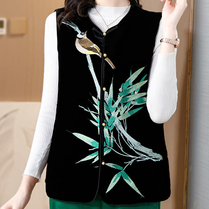 Buddha Stones Vintage Embroidery Bird Bamboo Pattern Vest