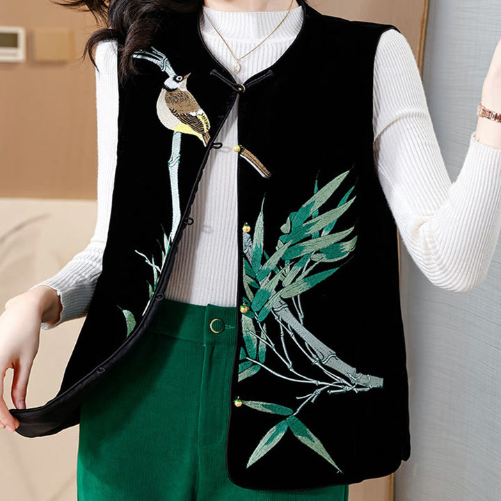 Buddha Stones Vintage Embroidery Bird Bamboo Pattern Vest