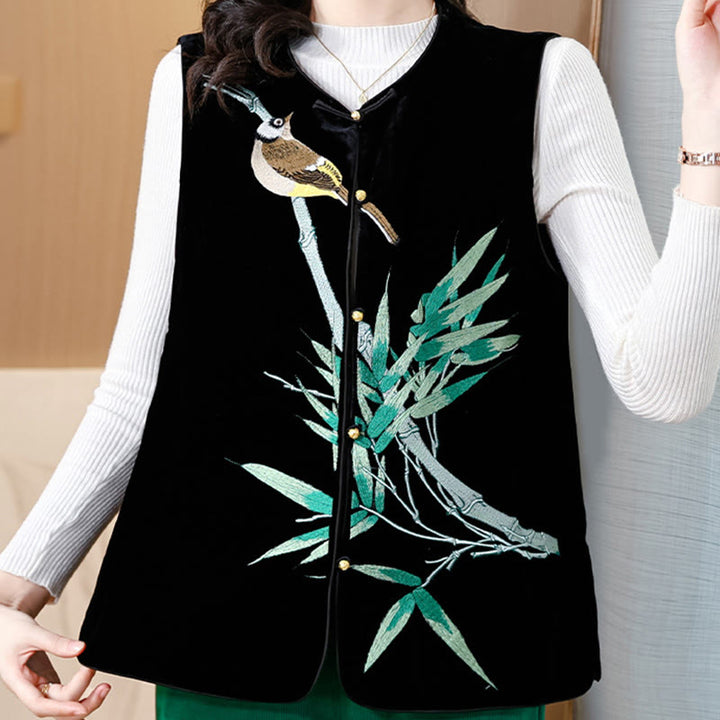 Buddha Stones Vintage Embroidery Bird Bamboo Pattern Vest