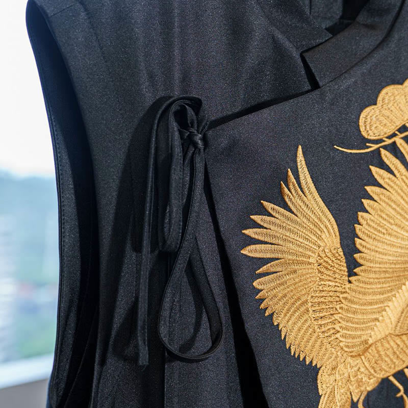 Buddha Stones Vintage Embroidery Golden Crane Cloud Pattern Vest - image 1