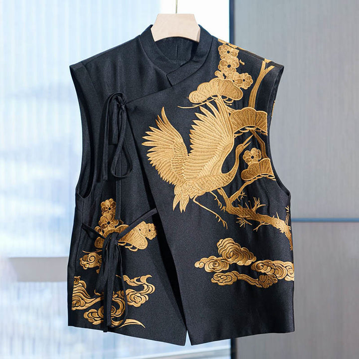 Buddha Stones Vintage Embroidery Golden Crane Cloud Pattern Vest