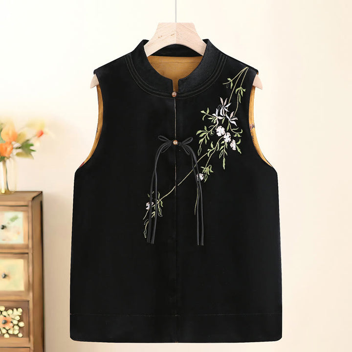 Buddha Stones Vintage Embroidery Leaves Flowers Pattern Velvet Vest