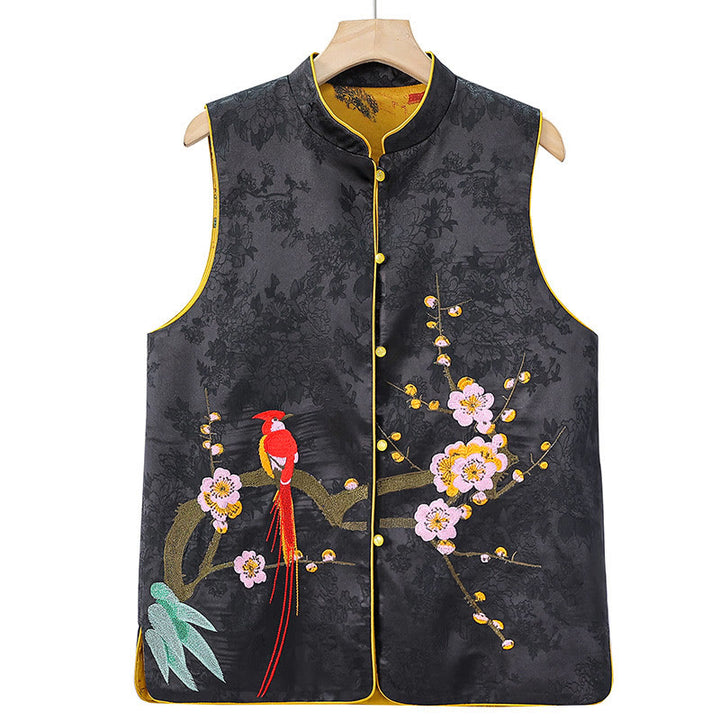 Buddha Stones Vintage Embroidery Plum Blossom Pattern Double-Sided Wear Vest