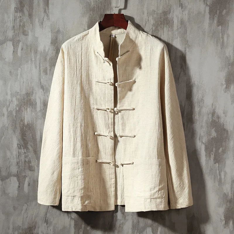 Buddha Stones Stand Collar Tang Suit Casual Cotton Linen Shirt - Beige - US/UK/AU46，EU56 (5XL) - image 1