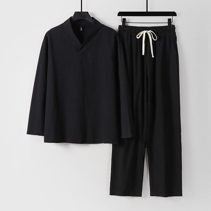 Buddha Stones Cross-Collars Cotton Tang Suit Hanfu Top Pants Clothing Men's Set - Black - US/UK/AU54，EU64 (9XL) - image 3