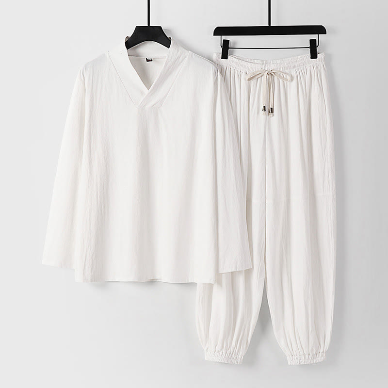 Buddha Stones Cross-Collars Cropped Bloomers Cotton Tang Suit Hanfu Top Pants Clothing Men's Set - White - US/UK/AU54，EU64 (9XL) - image 16