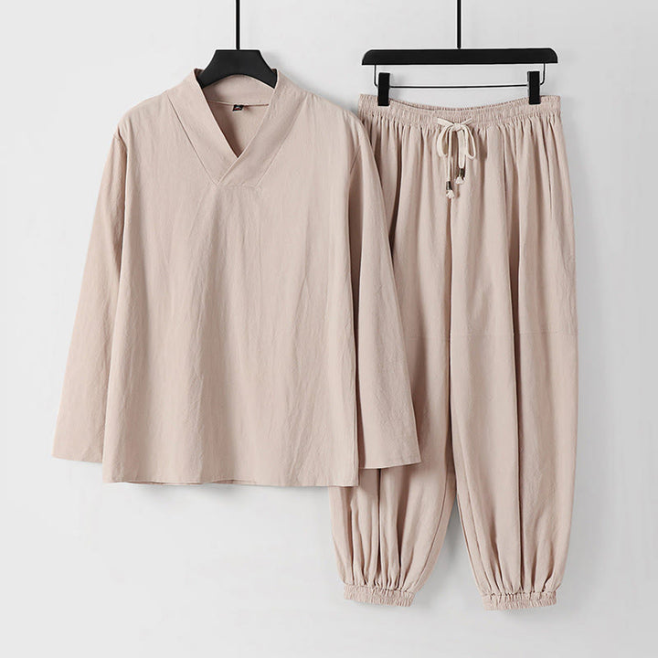 Buddha Stones Cross-Collars Cropped Bloomers Cotton Tang Suit Hanfu Top Pants Clothing Men's Set - Bisque - US/UK/AU54，EU64 (9XL) - image 0