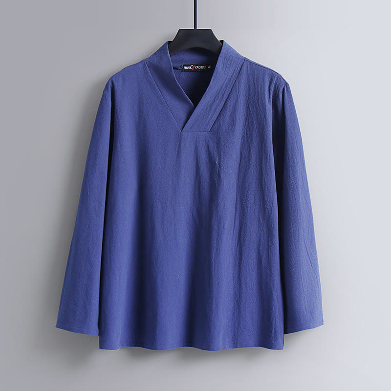 Buddha Stones Cross-Collars Cropped Bloomers Cotton Tang Suit Hanfu Top Pants Clothing Men's Set - image 20