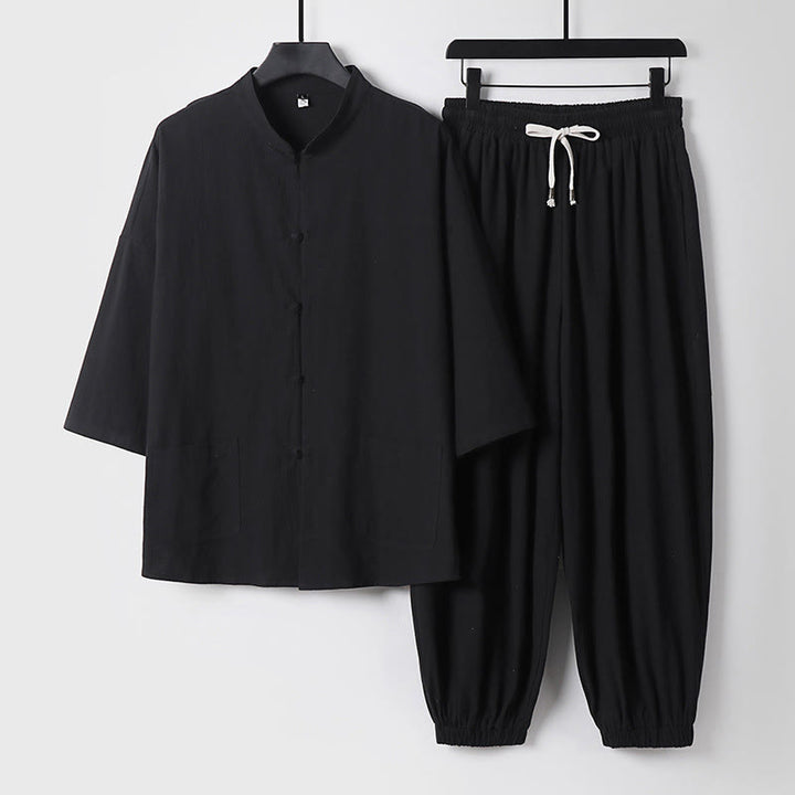 Buddha Stones Three-Quarter Sleeves Cropped Bloomers Cotton Top Pants Clothing Men's Set - Black - US/UK/AU50，EU60 (7XL) - image 4