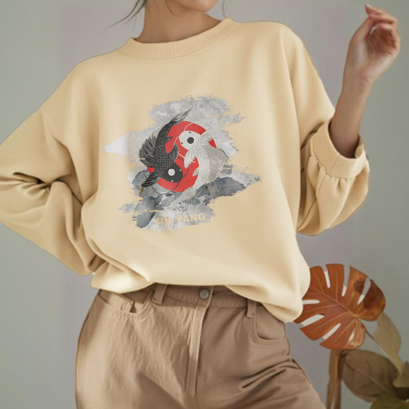 Buddha Stones Yin Yang Koi Fish Clouds Fleece Lined Sweatshirt