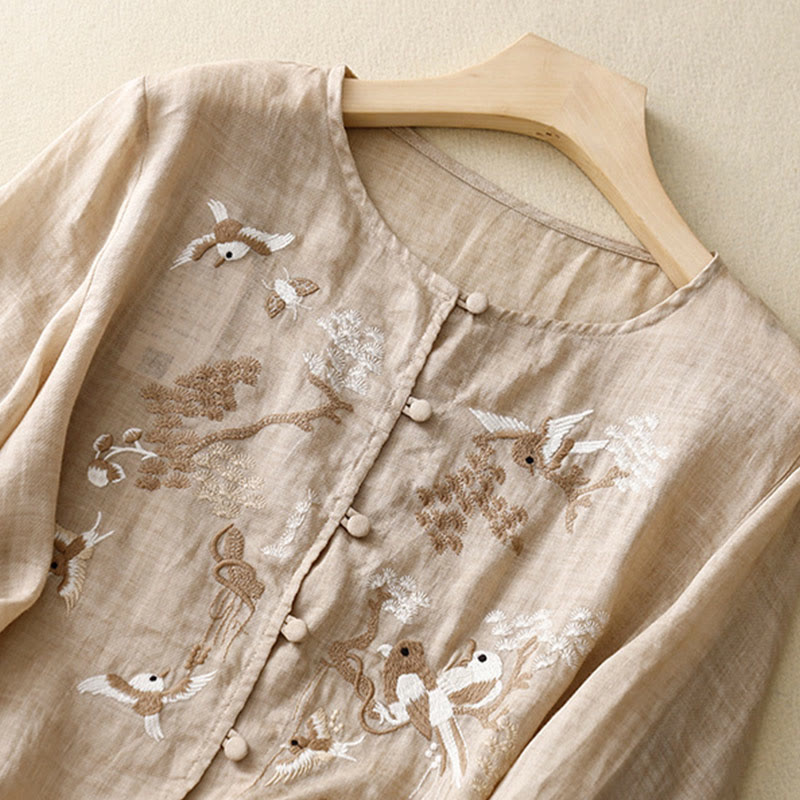 Buddha Stones Round Neck Casual Blouse Embroidery Long Sleeve Shirt Cotton Linen Top Women's Shirts - image 8