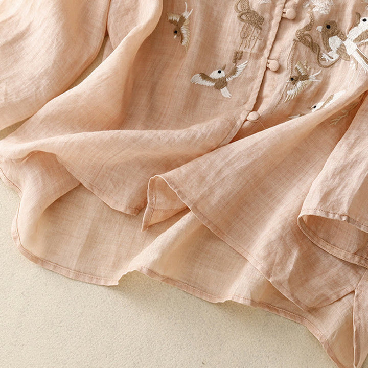 Buddha Stones Round Neck Casual Blouse Embroidery Long Sleeve Shirt Cotton Linen Top Women's Shirts - image 3