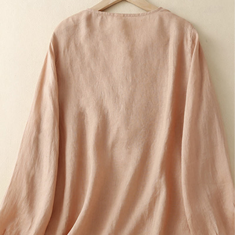 Buddha Stones Casual Embroidery Flower Round Neck Long Sleeve Cotton Linen Top Women's Shirts - image 1