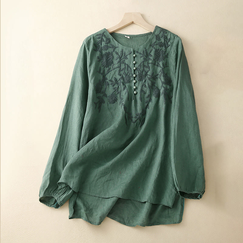 Buddha Stones Casual Embroidery Flower Round Neck Long Sleeve Cotton Linen Top Women's Shirts - Teal - US/UK/AU40，EU50 (2XL) - image 24