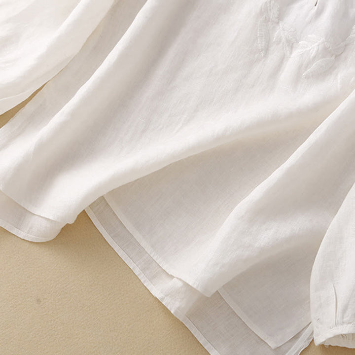 Buddha Stones Casual Embroidery Flower Round Neck Long Sleeve Cotton Linen Top Women's Shirts - image 22