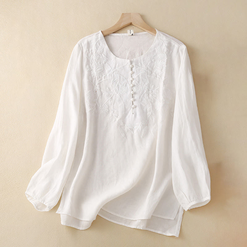 Buddha Stones Casual Embroidery Flower Round Neck Long Sleeve Cotton Linen Top Women's Shirts