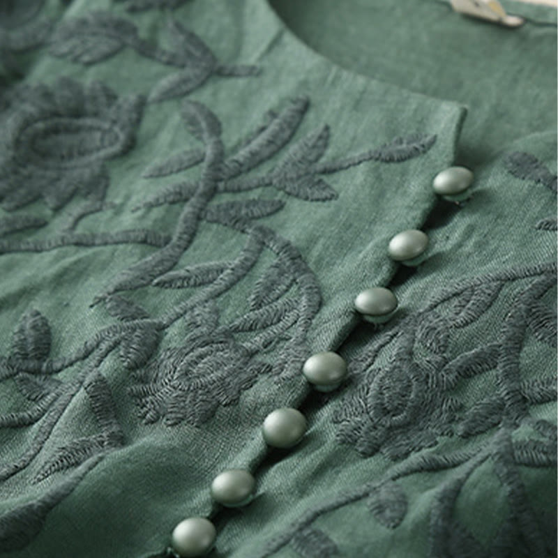 Buddha Stones Casual Embroidery Flower Round Neck Long Sleeve Cotton Linen Top Women's Shirts - image 26