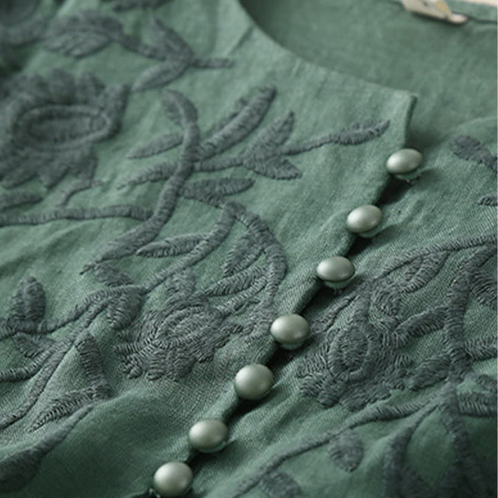 Buddha Stones Casual Embroidery Flower Round Neck Long Sleeve Cotton Linen Top Women's Shirts - image 26