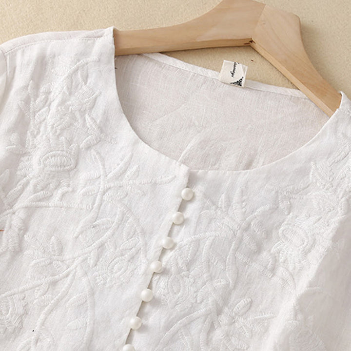 Buddha Stones Casual Embroidery Flower Round Neck Long Sleeve Cotton Linen Top Women's Shirts - image 19