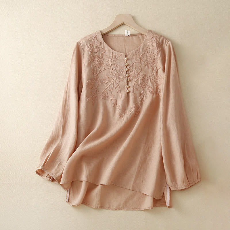 Buddha Stones Casual Embroidery Flower Round Neck Long Sleeve Cotton Linen Top Women's Shirts - LightSalmon - US/UK/AU40，EU50 (2XL) - image 0