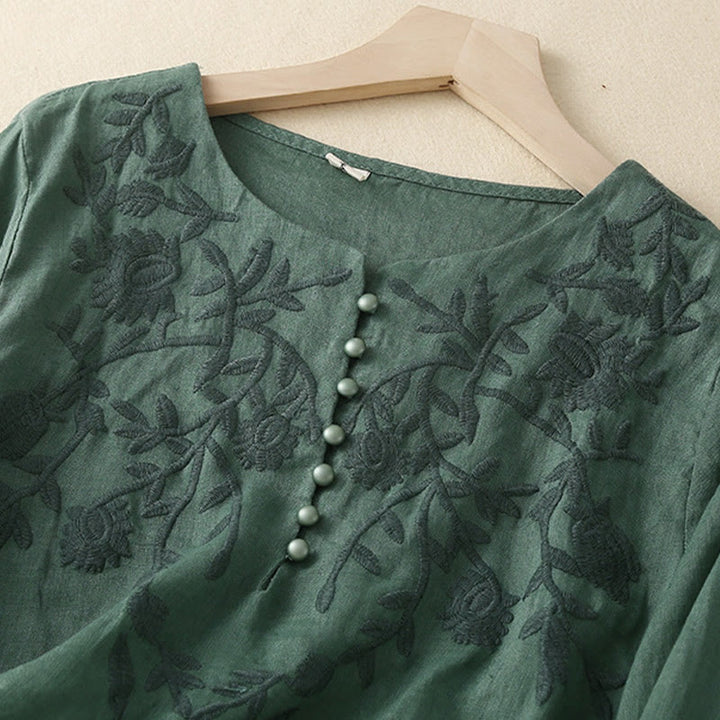 Buddha Stones Casual Embroidery Flower Round Neck Long Sleeve Cotton Linen Top Women's Shirts - image 25