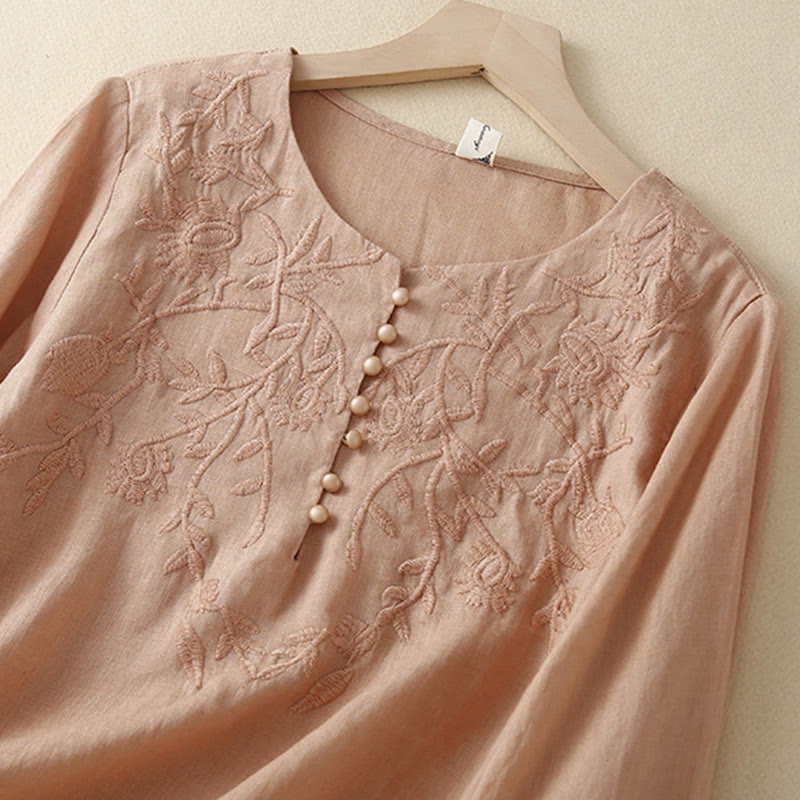 Buddha Stones Casual Embroidery Flower Round Neck Long Sleeve Cotton Linen Top Women's Shirts - image 2