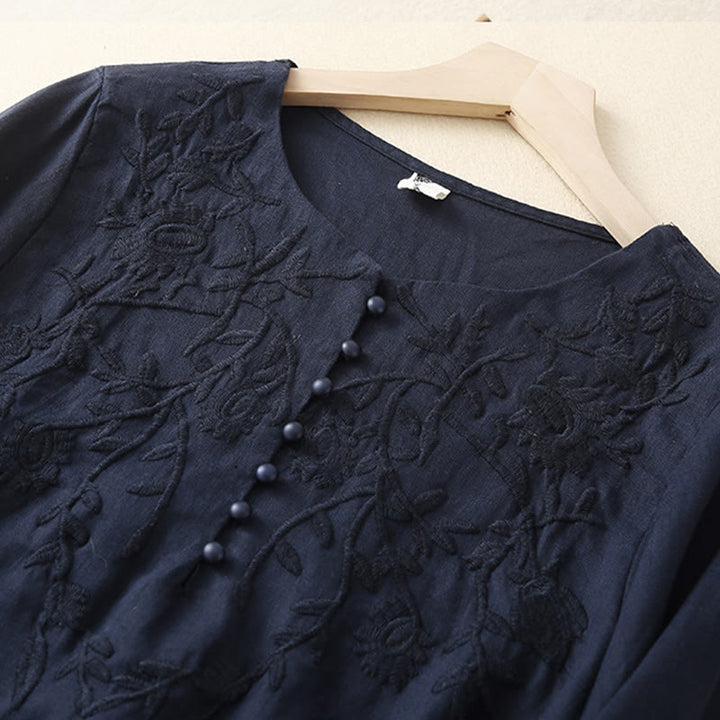 Buddha Stones Casual Embroidery Flower Round Neck Long Sleeve Cotton Linen Top Women's Shirts - image 12