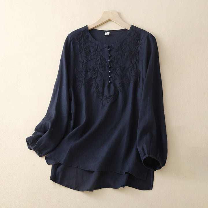 Buddha Stones Casual Embroidery Flower Round Neck Long Sleeve Cotton Linen Top Women's Shirts