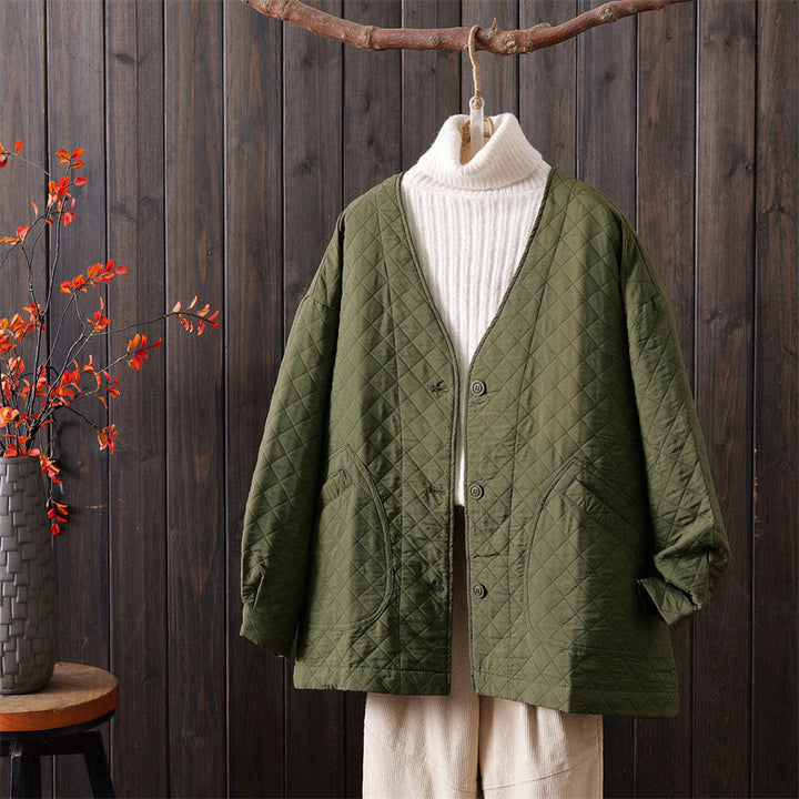 Buddha Stones Spring Autumn Solid Color Plaid Design Long Sleeve Cotton Jacket With Pockets