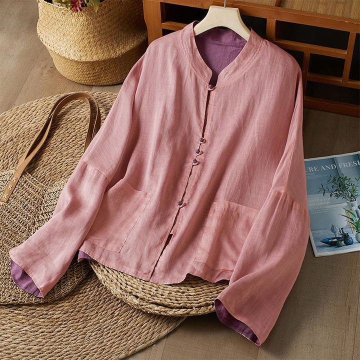 Buddha Stones PLUS SIZE V Neck Casual Solid Color Long Sleeve Shirt Cotton Linen Women's Shirts - Pink&Purple - US14，UK/AU18，EU46 (2XL) - image 12