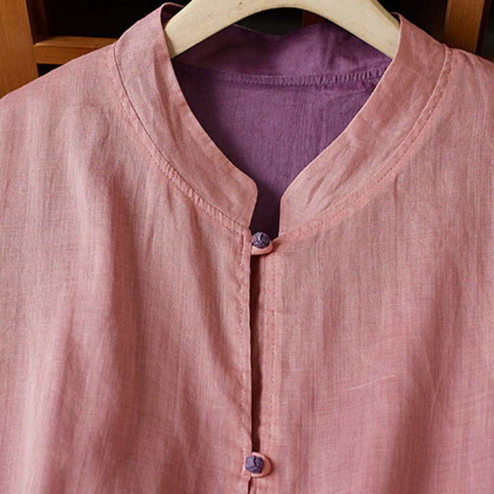 Buddha Stones PLUS SIZE V Neck Casual Solid Color Long Sleeve Shirt Cotton Linen Women's Shirts