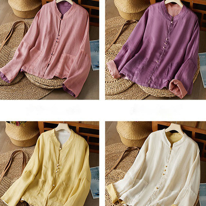 Buddha Stones PLUS SIZE V Neck Casual Solid Color Long Sleeve Shirt Cotton Linen Women's Shirts - image 21