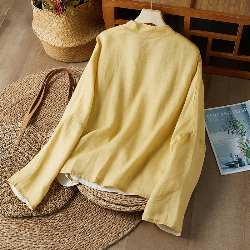 Buddha Stones V Neck Casual Solid Color Long Sleeve Shirt Cotton Linen Women's Shirts