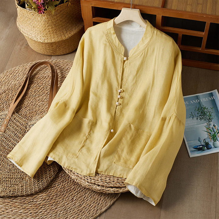 Buddha Stones PLUS SIZE V Neck Casual Solid Color Long Sleeve Shirt Cotton Linen Women's Shirts - Yellow&White - US14，UK/AU18，EU46 (2XL) - image 0
