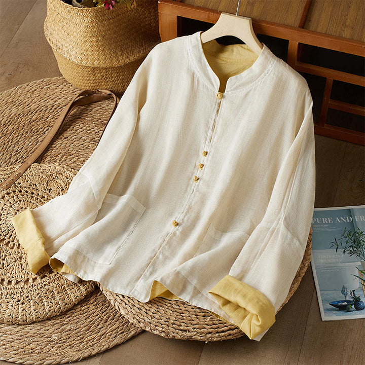 Buddha Stones V Neck Casual Solid Color Long Sleeve Shirt Cotton Linen Women's Shirts