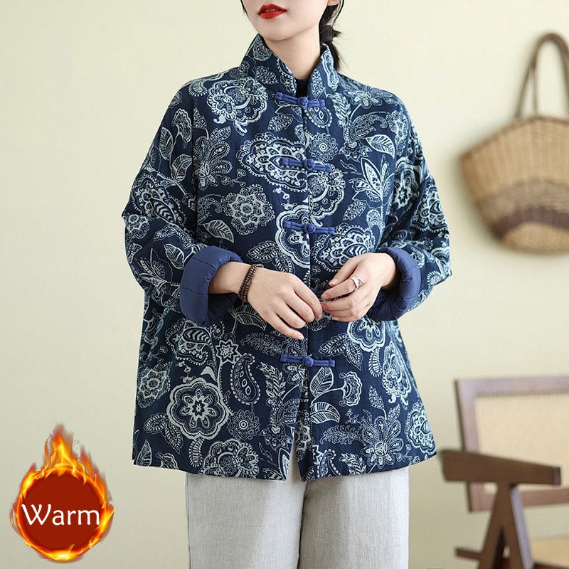 Buddha Stones Winter Blue And White Flowers Warm Frog Button Design Long Sleeve Cotton Jacket