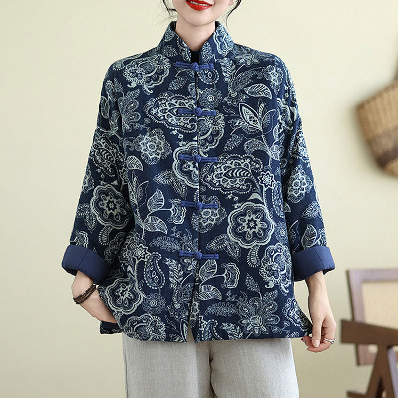 Buddha Stones Winter Blue And White Flowers Warm Frog Button Design Long Sleeve Cotton Jacket