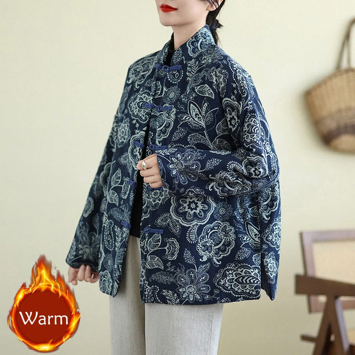 Buddha Stones Winter Blue And White Flowers Warm Frog Button Design Long Sleeve Cotton Jacket