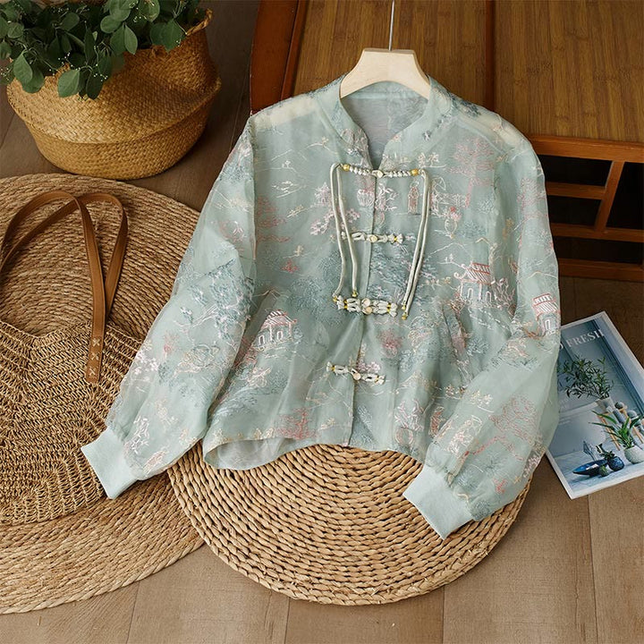 Buddha Stones Casual Button Round Neck Long Sleeve Round Neck Cotton Linen Women's Shirts