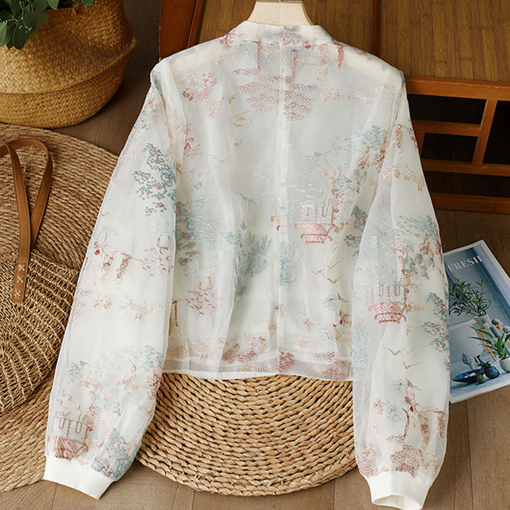 Buddha Stones Casual Button Round Neck Long Sleeve Round Neck Cotton Linen Women's Shirts