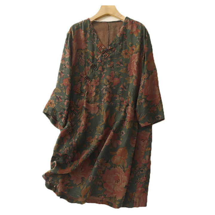 Buddha Stones Casual Printing Button V Neck Cotton Linen Women's Shirts