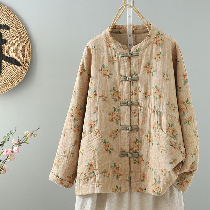 Buddha Stones Casual Frog-button Stand Collar Flower Cotton Linen Women's Jacket Shirts Clothing